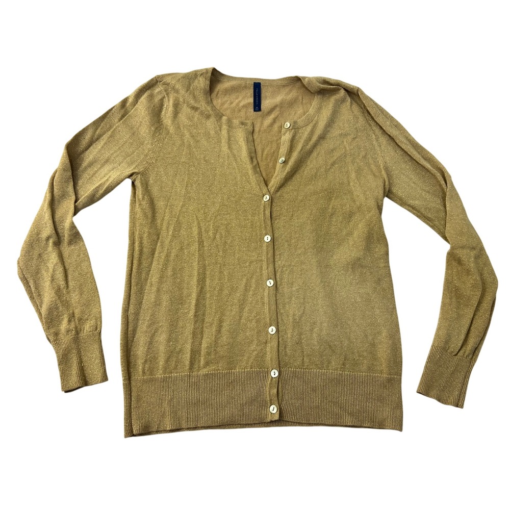 Falls Creek Womens Gold Metallic Shimmer Button Front Cardigan Sweater Size M
